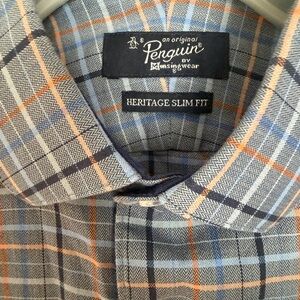 Original Penguin Heritage Slim Fit Plaid Shirt - Blue, Orange, Navy